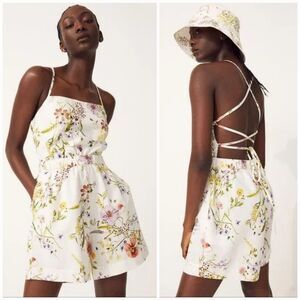 NWT H&M Linen Collection Wildflower Meadow Lace Back Square Neck Floral Romper S